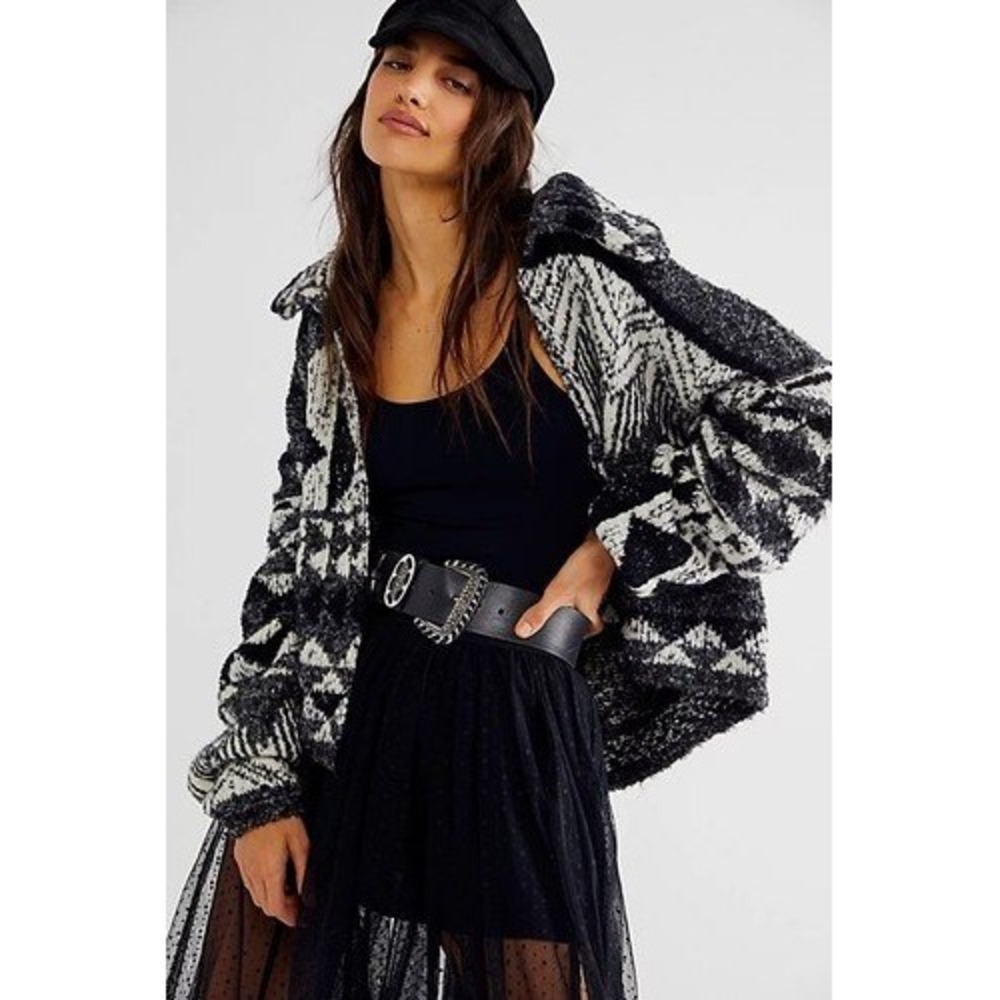 Free People Cardigan Sweater Womens S Black White Geometric Fuzzy Cropped Knit